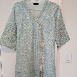 Pakistani Sharara Formal Teal / Light Blue Embroidered Dress or Jacket w Pearls
